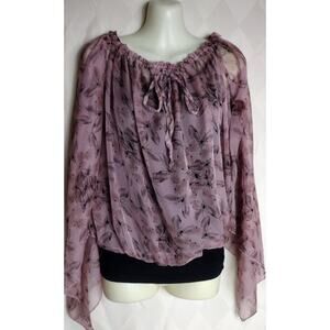 Rachael and Chloe Sheer Long Sleeve Cropped Off‎ Shoulder Top, Sz S, Pink/Black
